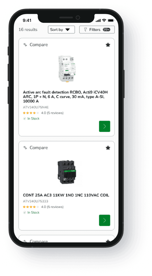 Smartphone screen showing electrical product listings with two items: an Active arc fault detection RCBO and a 25A contactor, both rated 4.0 stars and marked in stock.