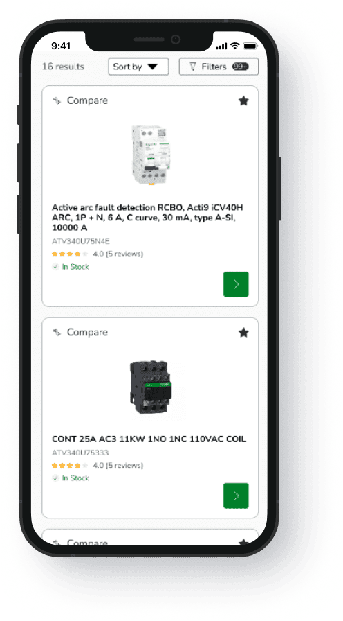 Smartphone screen showing electrical product listings with two items: an Active arc fault detection RCBO and a 25A contactor, both rated 4.0 stars and marked in stock.